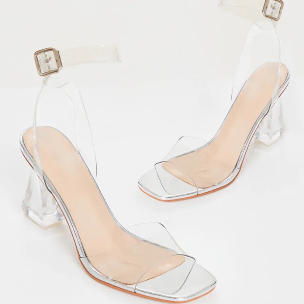 Silver clear ankle heels, NEVER WORN